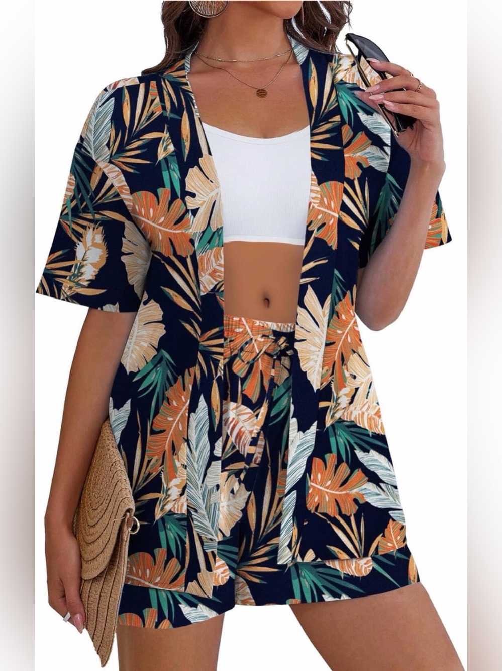 NWT Tropical Swimsuit Cover Up Set Kimono & Shorts Beach Resort Women’s Large